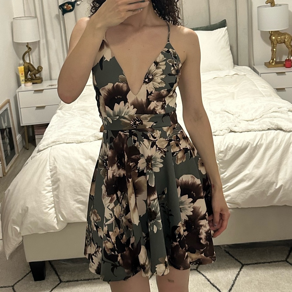 Spring Floral Halter Mini Dress Fit & Flare Backless Skater Dress, Size S